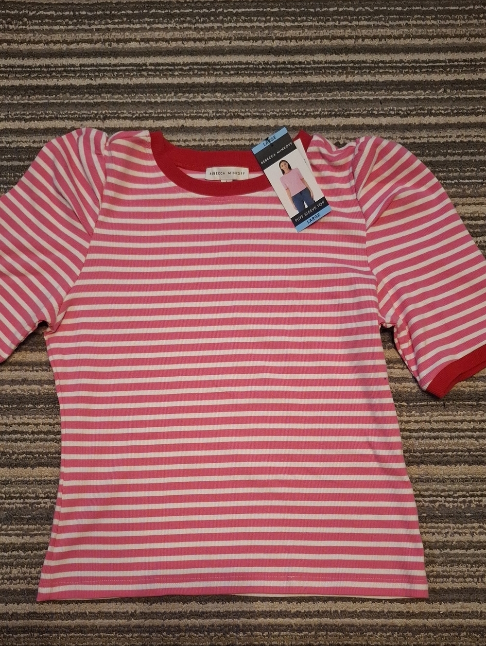 Rebecca Minkoff Pink & White Striped Puff Sleeve Tee with Red Trim